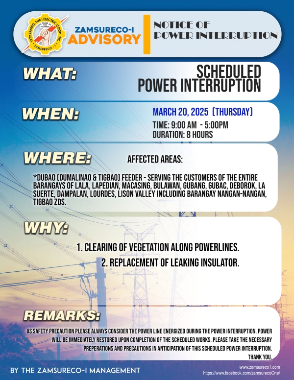 SCHEDULE POWER INTERRUPTION (March 20, 2025) between 9:00 AM - 5:00PM