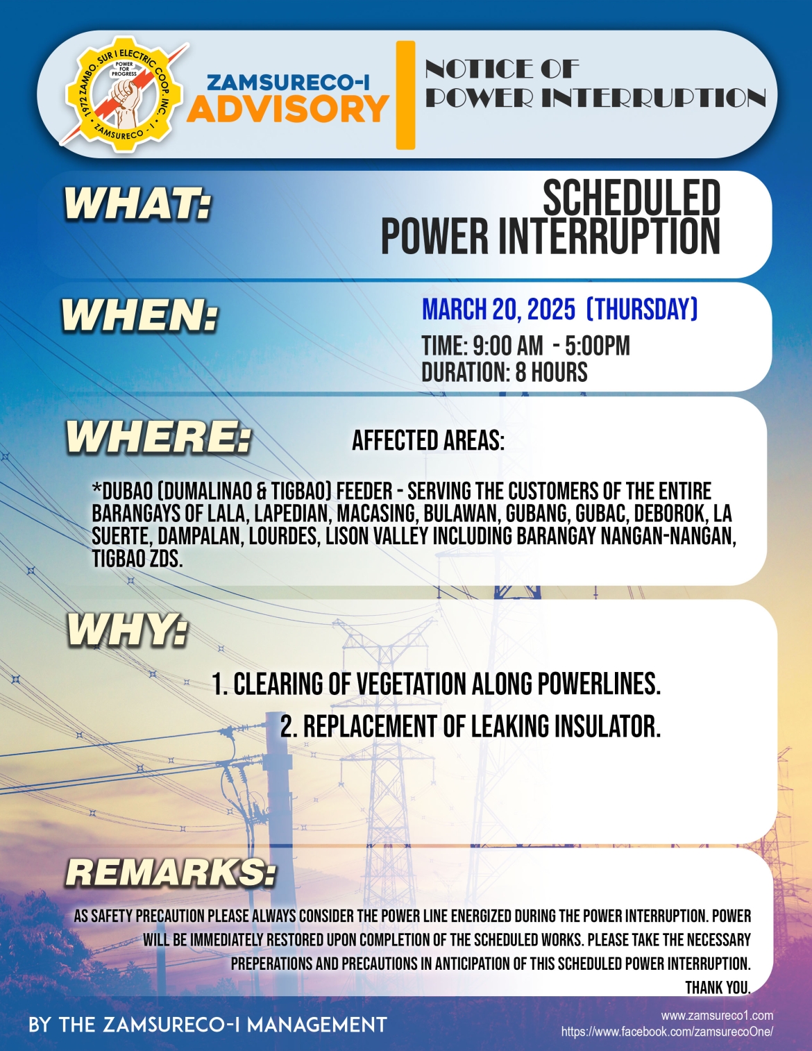 SCHEDULE POWER INTERRUPTION (March 20, 2025) between 9:00 AM - 5:00PM