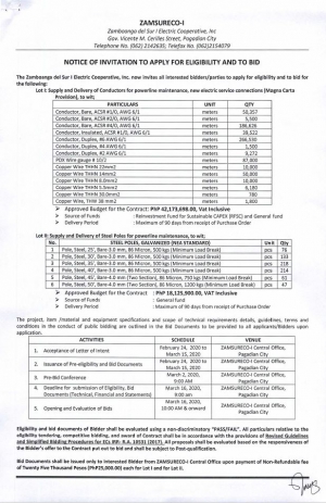 Supply and Delivery: 1) Conductors for powerline maintenance, new electric service connections (Magna Carta Provision) 2) Supply and Delivery of Steel Poles for powerline maintenance