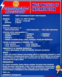 NGCP Scheduled Power Interruption (August 14, 2022) between 7:00 am to 5:00 pm