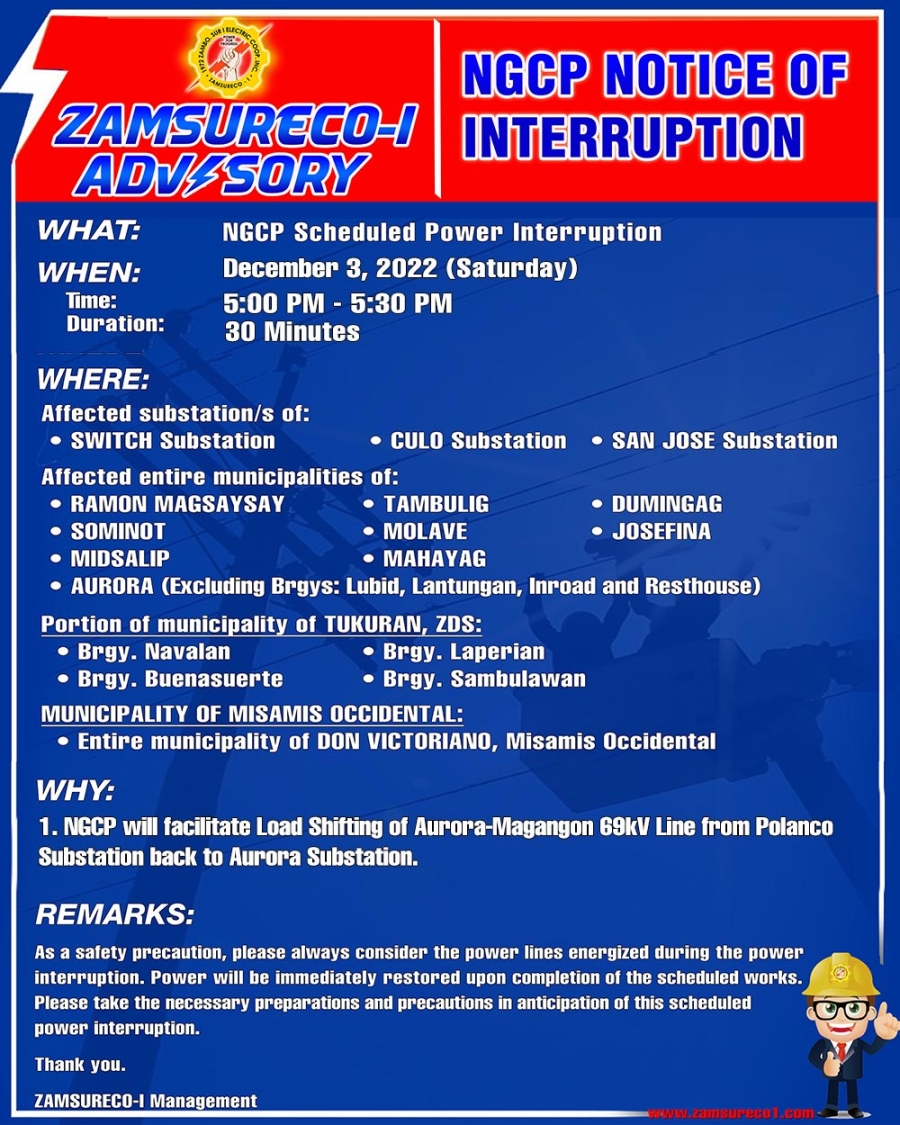 NGCP Scheduled Power Interruption (December 3, 2022) between 5:00 PM - 5:30 PM