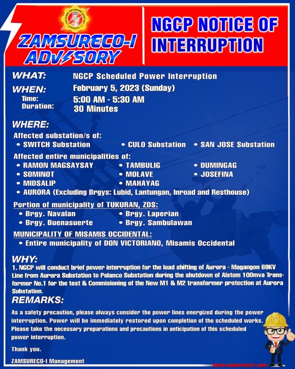 NGCP Scheduled Power Interruption (February 5, 2023) between 5:00 AM - 5:30 AM