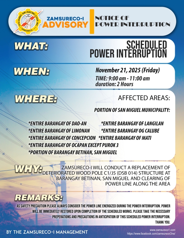 SCHEDULED POWER INTERRUPTION (NOVEMBER 21, 2025) between 9:00 AM - 11:00 AM