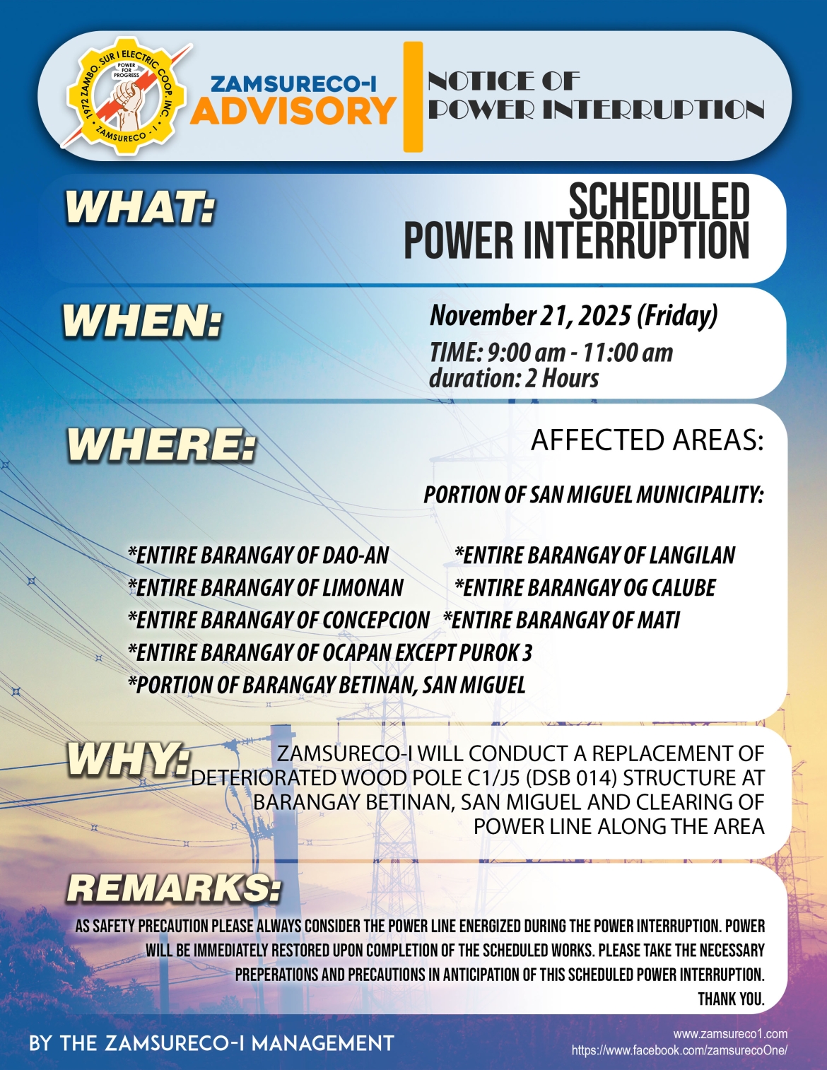 SCHEDULED POWER INTERRUPTION (NOVEMBER 21, 2025) between 9:00 AM - 11:00 AM