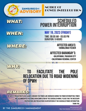 Scheduled Power Interruption (May 19, 2023) between 8:00 AM - 5:00 PM