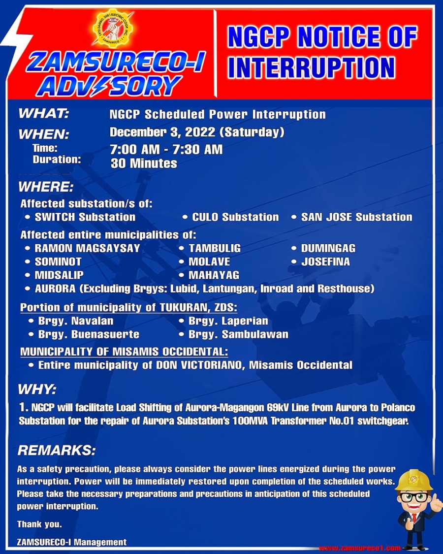 NGCP Scheduled Power Interruption (December 3, 2022) between 7:00 AM - 7:30 AM