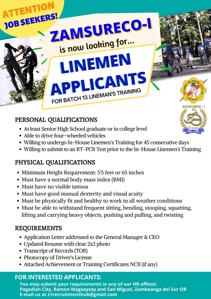 ZAMSURECO-I is now looking for LINEMEN APPLICANTS