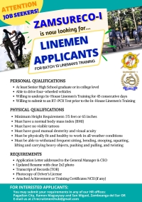 ZAMSURECO-I is now looking for LINEMEN APPLICANTS