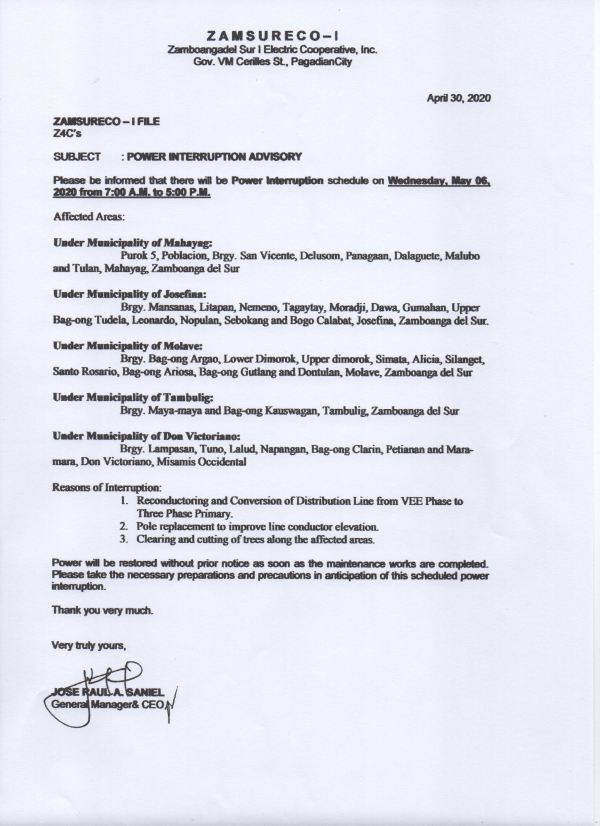 Scheduled Power Interruption (May 06, 2020)