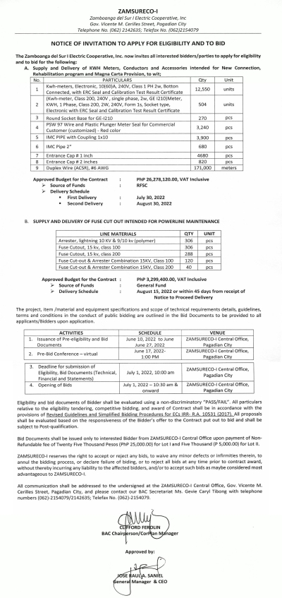 Supply and Delivery: 1) KWH Meters, Conductors and Accessories intended for New Connection, Rehabilitation Program &amp; Magna Carta Provision 2) Supply and Delivery of Fuse Cut Out intended for Powerline Maintenance