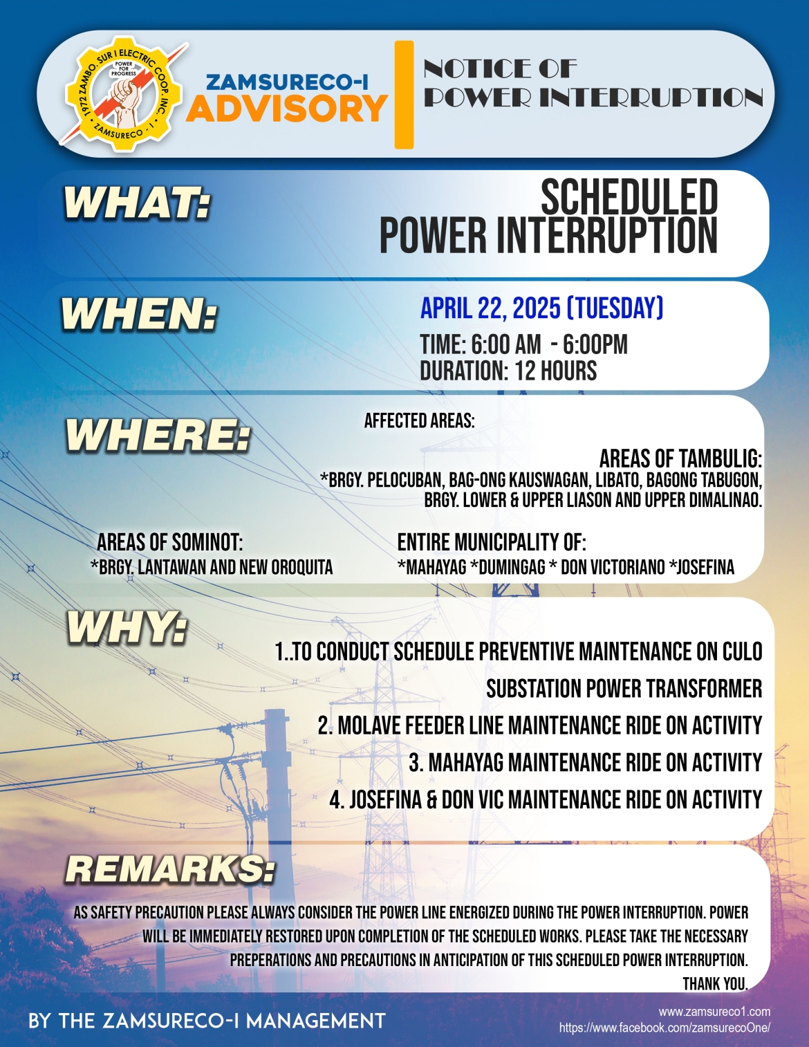 SCHEDULE POWER INTERRUPTION APRIL 22, 2025) between 6:00 AM - 6:00 PM