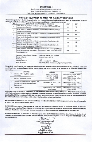 NOTICE OF INVITATION TO APPLY FOR ELIGIBILITY AND TO BID (Publication Date: AUGUST 28, 2025)