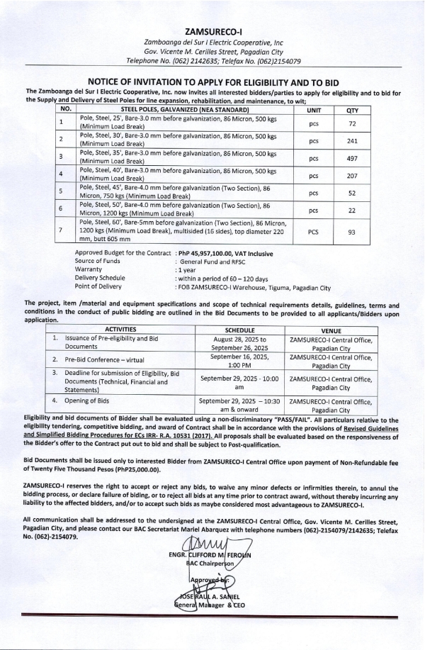 NOTICE OF INVITATION TO APPLY FOR ELIGIBILITY AND TO BID (Publication Date: AUGUST 28, 2025)