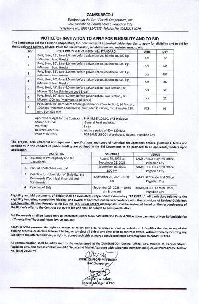 NOTICE OF INVITATION TO APPLY FOR ELIGIBILITY AND TO BID (Publication Date: AUGUST 28, 2025)