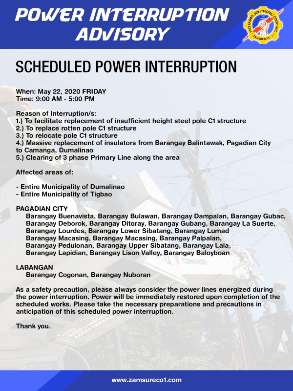Scheduled Power Interruption (May 22, 2020)