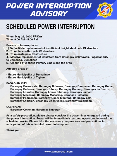 Scheduled Power Interruption (May 22, 2020)