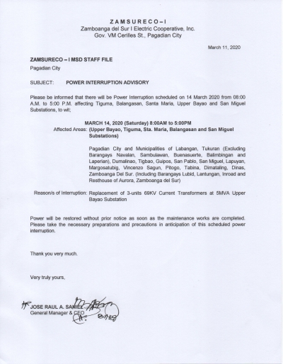 Scheduled Power Interruption (March 14, 2020)