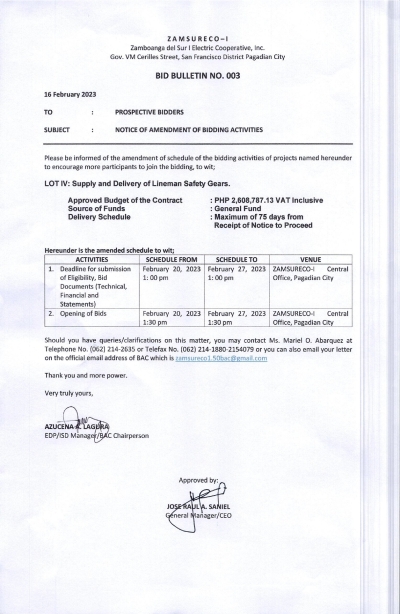 BID BULLETIN NO 003-NOTICE OF AMENDMENT OF BIDDING ACTIVITIES