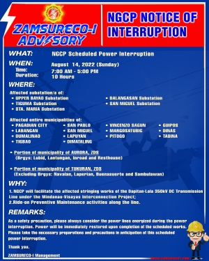 NGCP Scheduled Power Interruption (August 14, 2022) between 7:00 am to 5:00 pm