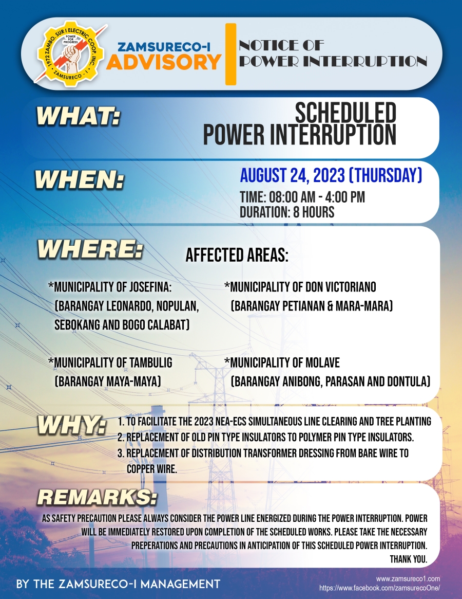 Schedule Power Interruption (AUGUST 24, 2023) between 8:00 AM - 4:00 PM