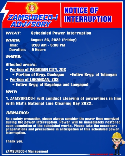 Scheduled Power Interruption (August 26, 2022) between 8:00 am to 5:00 pm