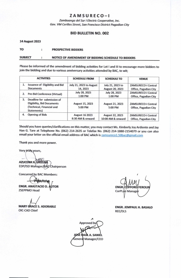 BID BULLETIN NO 002-NOTICE OF AMENDMENT OF BIDDING ACTIVITIES