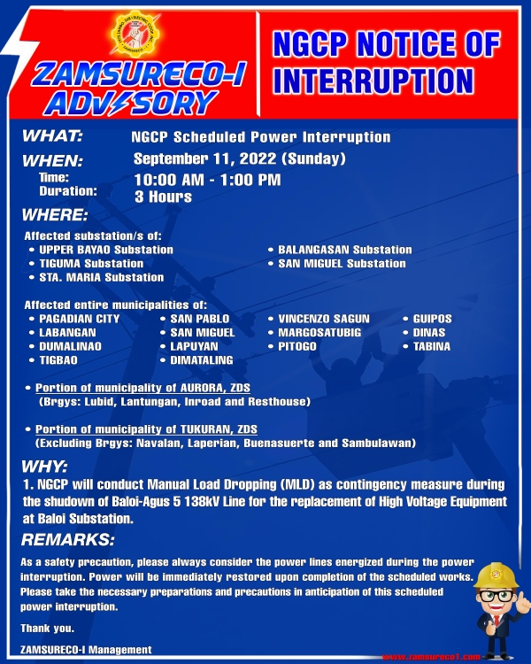 NGCP Scheduled Power Interruption (September 11, 2022) between 10:00 am - 1:00 pm