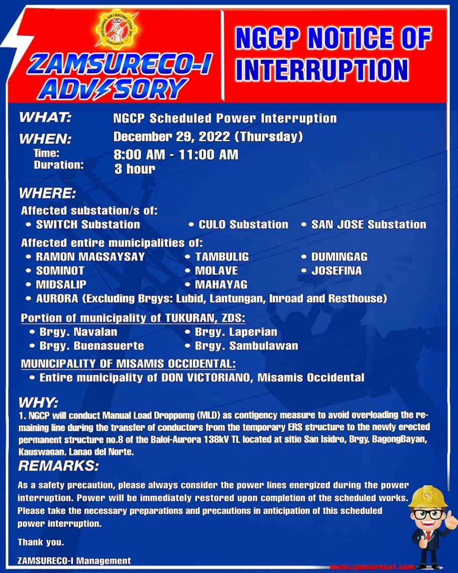 NGCP Scheduled Power Interruption (December 29, 2022) between 8:00 AM - 11:00 AM