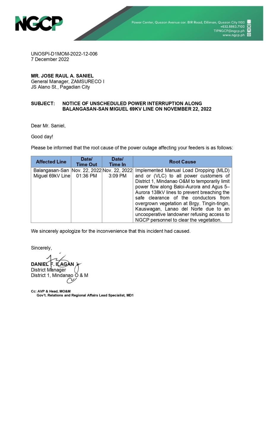 NGCP UNSCHEDULED POWER INTERRUPTION  (NOVEMBER 22, 2022)