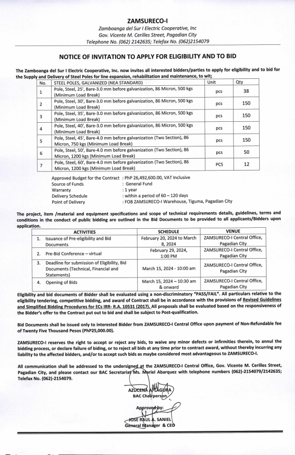 NOTICE OF INVITATION TO APPLY FOR ELIGIBILITY AND TO BID (Publication Date: February 20, 2024)