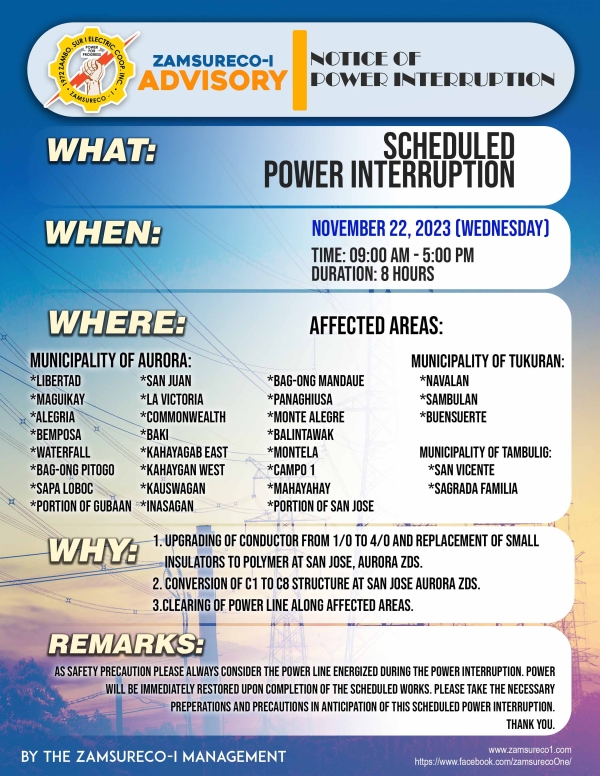 SCHEDULE POWER INTERRUPTION (NOVEMBER 22, 2023) between 9:00 AM - 5:00 PM