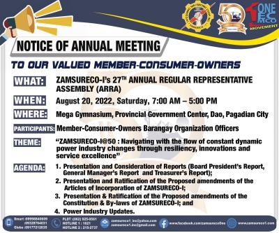 ZAMSURECO-I's 27th Annual Regular Representative Assembly (ARRA) on August 20, 2022, Saturday, 7:00AM-5:00PM