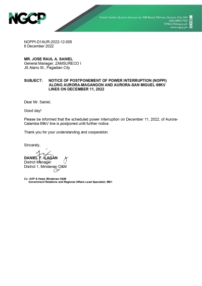 NGCP Postponed Power Interruption (December 11, 2022) between 5:00 AM - 6:00 AM