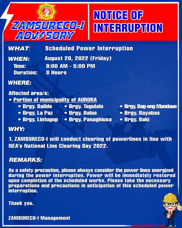 Scheduled Power Interruption (August 26, 2022) between 9:00 am to 5:00 pm