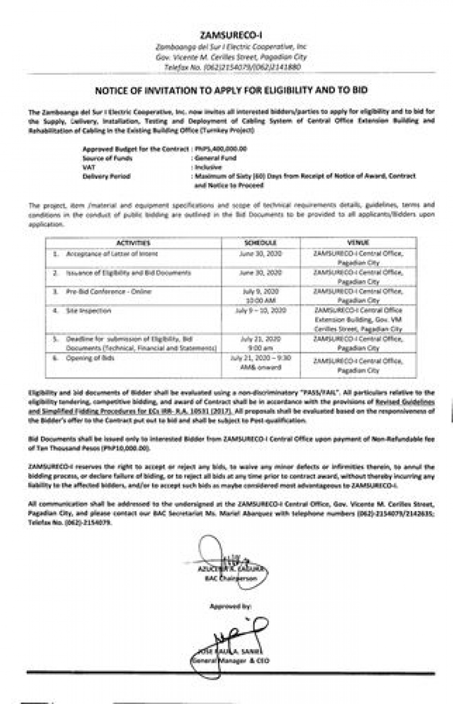 Supply, Delivery, Installation and Deployment of Cabling System of Central Office Extension Building and Rehabilitation of Cabling in the Existing Building Office