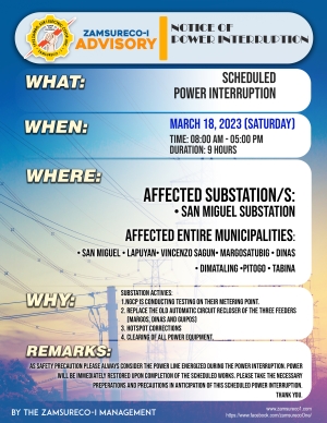 Scheduled Power Interruption (March 18 , 2023) between 8:00 AM - 5:00 PM