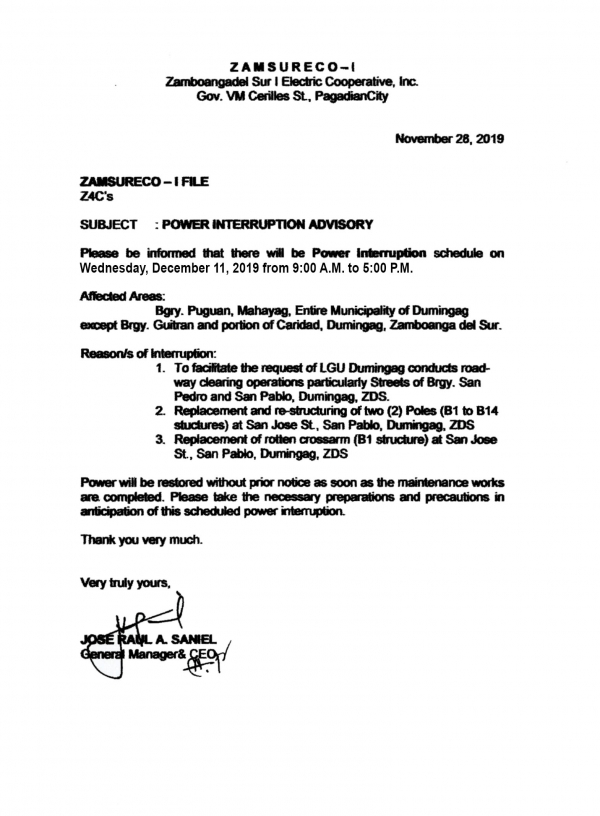 Scheduled Power Interruption (December 11, 2019)