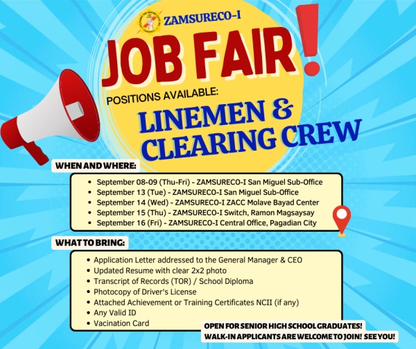 ZAMSURECO-I JOB FAIR IN SAN MIGUEL, MOLAVE, AND PAGADIAN CITY!