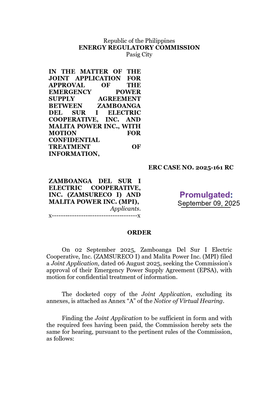 NOTICE OF ORDER IN CONNECTION WITH ERC CASE NO. 2025-161 RC