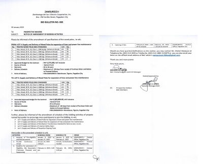 BID BULLETIN NO. 002- NOTICE OF AMENDMENT OF BIDDING ACTIVITIES (Publication Date: January 9, 2023)