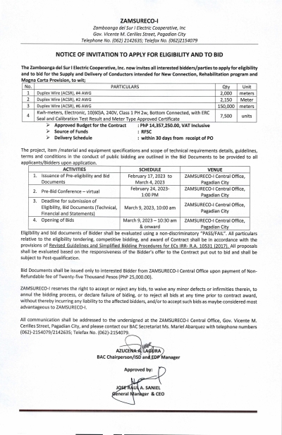 NOTICE OF INVITATION TO APPLY FOR ELIGIBILITY AND TO BID (Publication Date: February 17, 2023)