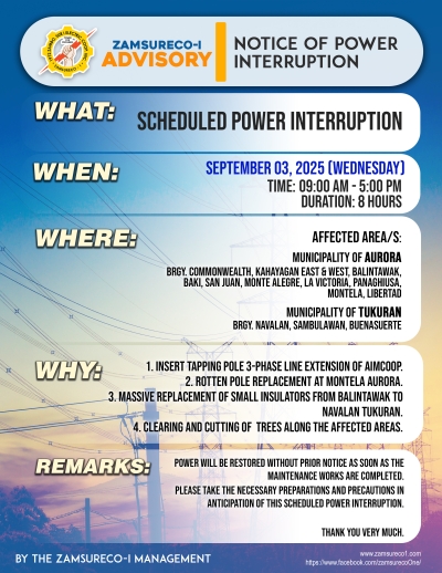 SCHEDULE POWER INTERRUPTION (SEPTEMBER 3, 2025) between 9:00 AM - 5:00 PM