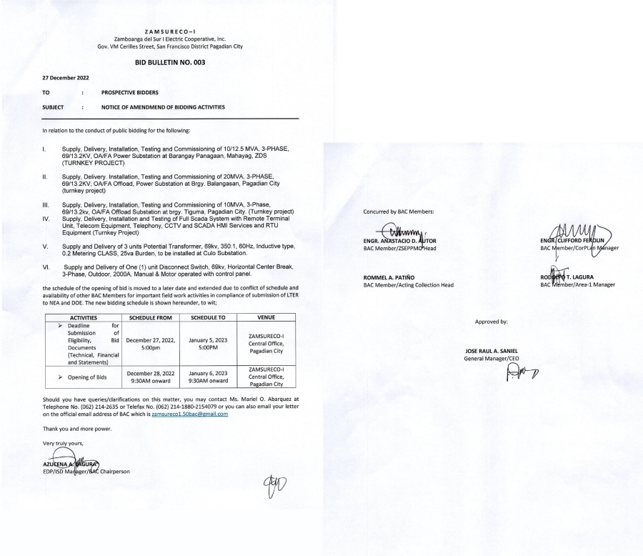BID BULLETIN NO 003-NOTICE OF AMENDMENT OF BIDDING ACTIVITIES