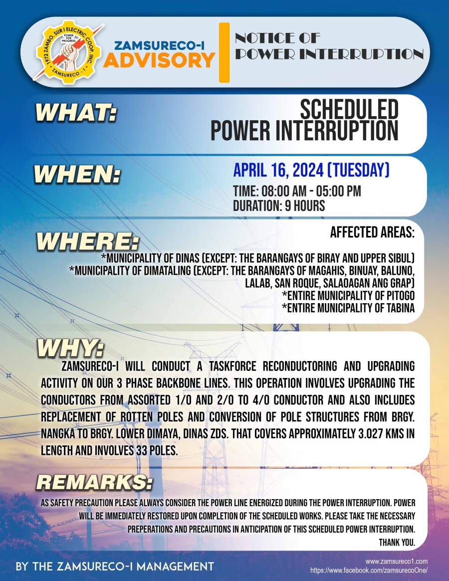 SCHEDULE POWER INTERRUPTION (APRIL 16, 2024) between 8:00 AM - 5:00 PM