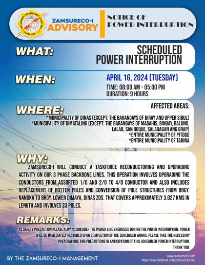 SCHEDULE POWER INTERRUPTION (APRIL 16, 2024) between 8:00 AM - 5:00 PM