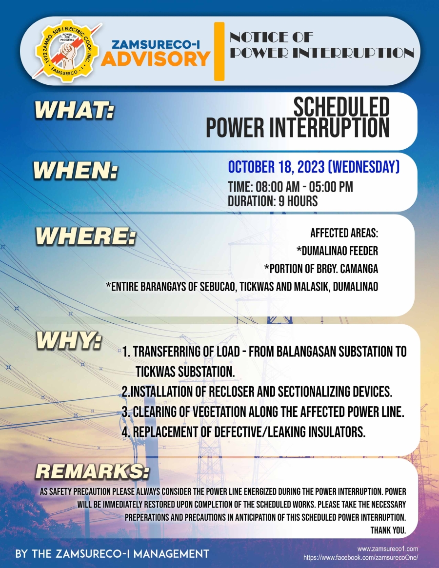 SCHEDULE POWER INTERRUPTION (OCTOBER 18, 2023) between 8:00 AM - 5:00 PM