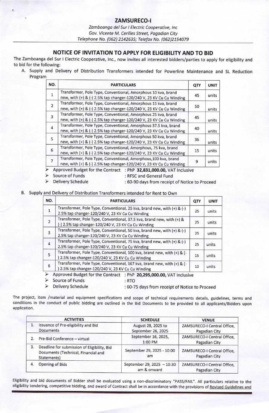 NOTICE OF INVITATION TO APPLY FOR ELIGIBILITY AND TO BID (Publication Date: AUGUST 28, 2025)