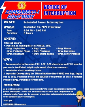 Scheduled Power Interruption (SEPTEMBER 15, 2022) between 9:00 AM - 5:00 PM