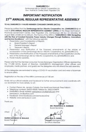 Important Notification of the ZAMSURECO-I's 27th Annual Regular Representative Assembly (ARRA) on August 20, 2022, Saturday, 7:00AM-5:00PM