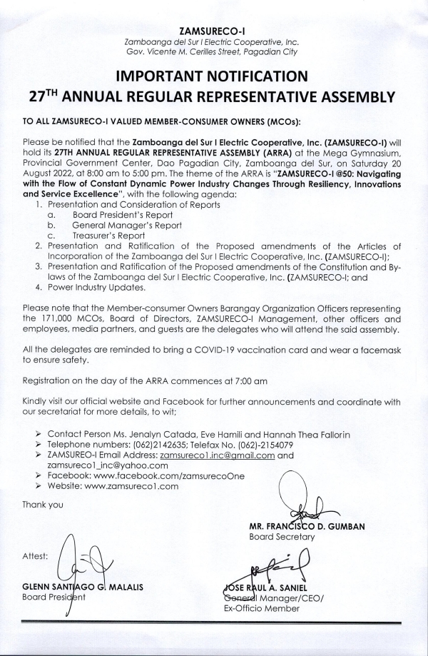 Important Notification of the ZAMSURECO-I's 27th Annual Regular Representative Assembly (ARRA) on August 20, 2022, Saturday, 7:00AM-5:00PM